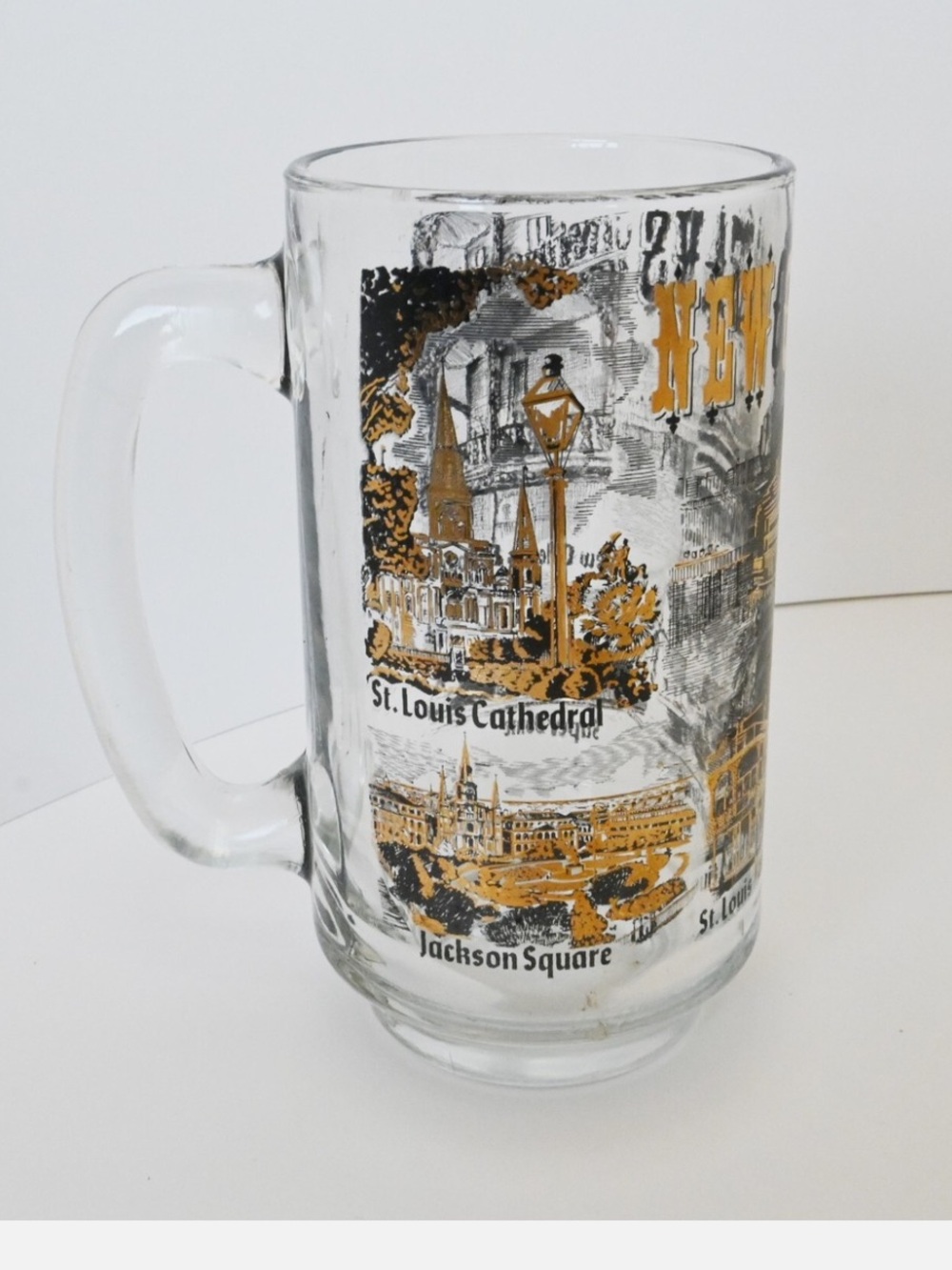 New Orleans Glass Mug Vintage Black & Gold Landmarks approximately 6" Tall